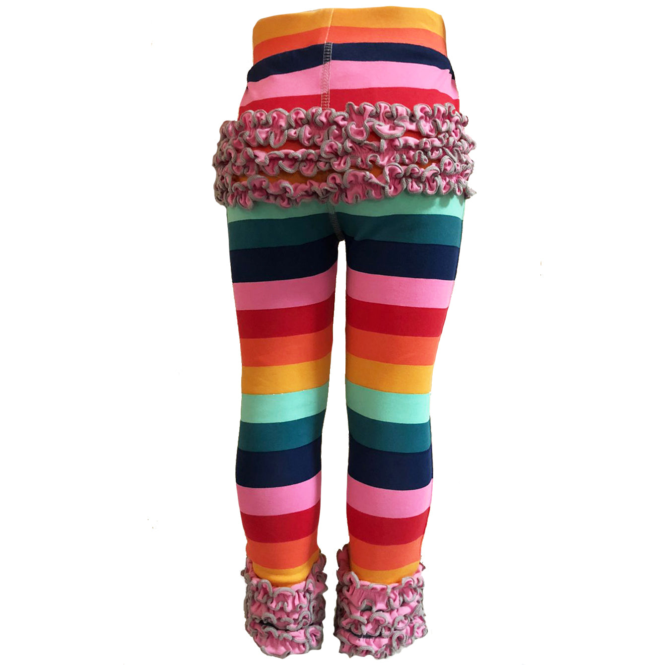 AnnLoren Rainbow Ruffle Butt Leggings for girls, featuring ruffles on the butt and ankles, made from soft Egyptian cotton.